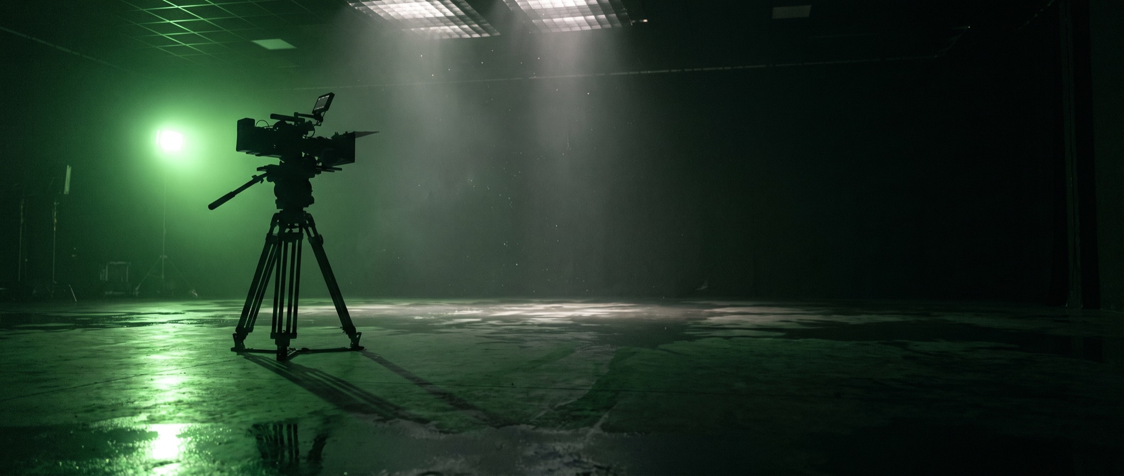 A cinema camera on a tripod in a dark, hazy studio lit by a single green light.