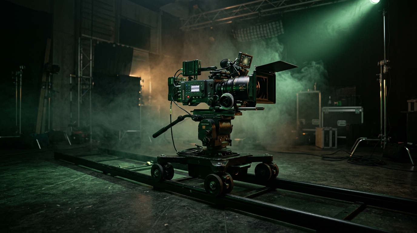 Anamorphic cinema camera rig on dolly track illuminated by moody green and amber volumetric light beams.