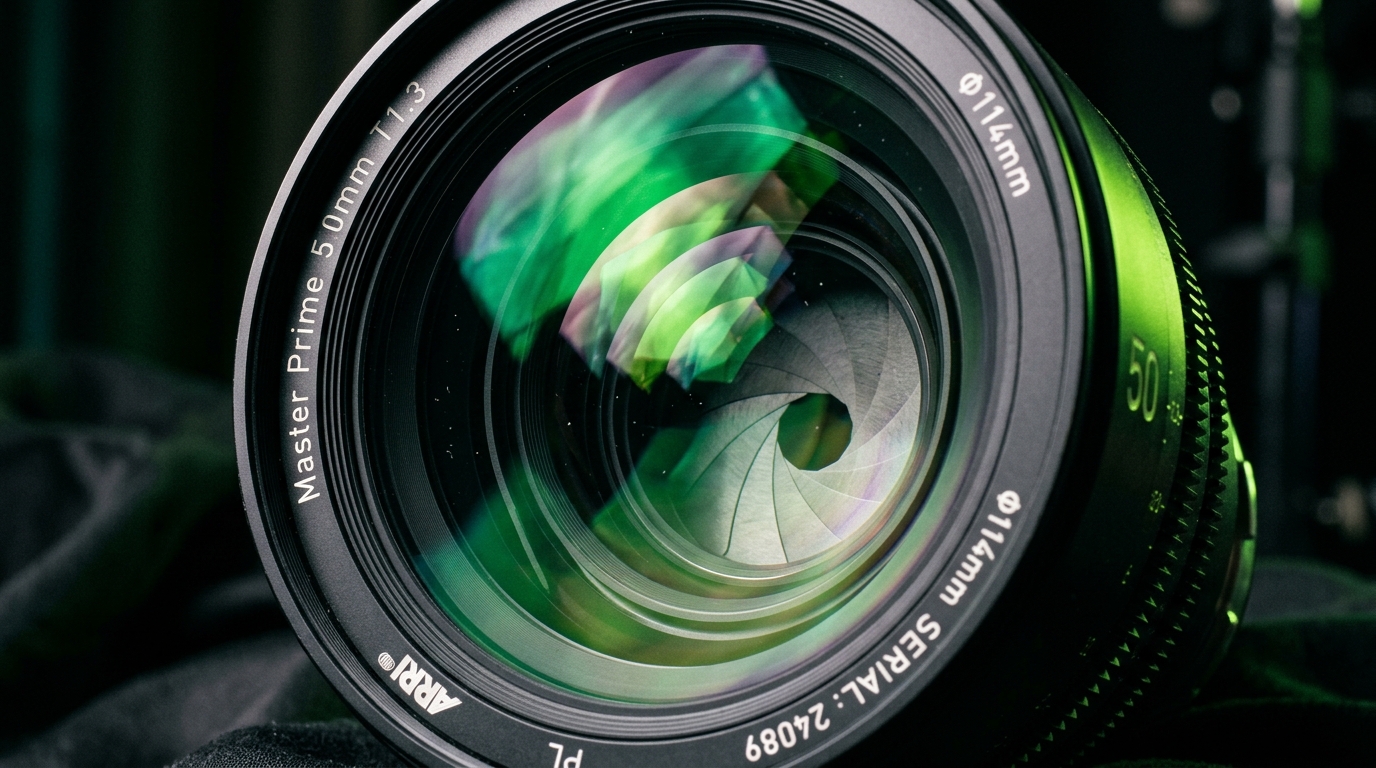 Macro view of Master Prime cine optics with emerald and lime green prismatic reflections.