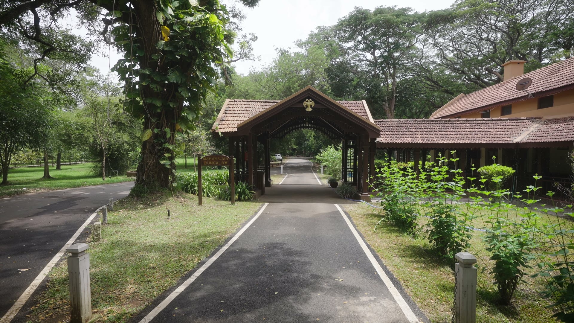 Drone shot of a road leading to a timber gatehouse at Jungle Lodges and Resorts.