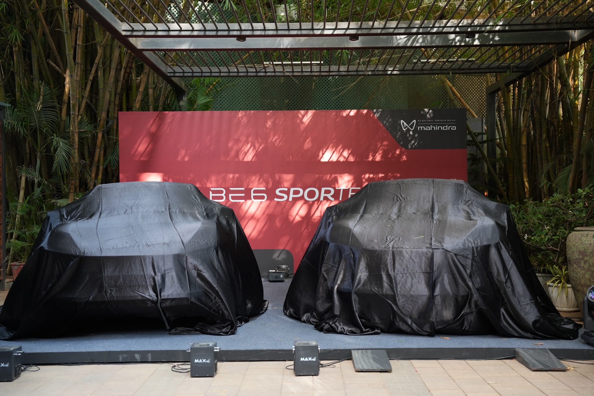 Two covered cars before a BE 6 launch reveal, framed by bamboo.