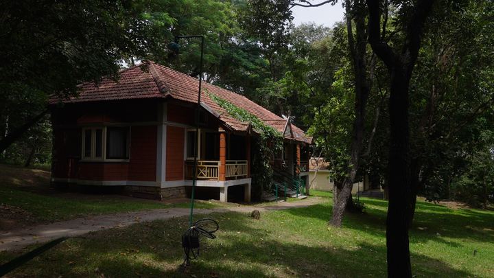 Red-roofed cottage under a dense green canopy.