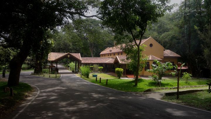 Winding road through the resort lawns toward tiled roofs.