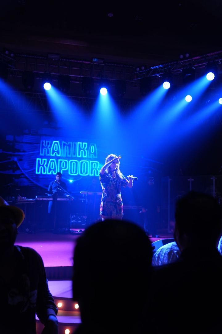 Singer on a blue-lit stage seen past the crowd.