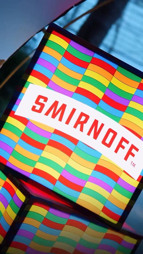 Colourful Smirnoff light cube, shot from below.